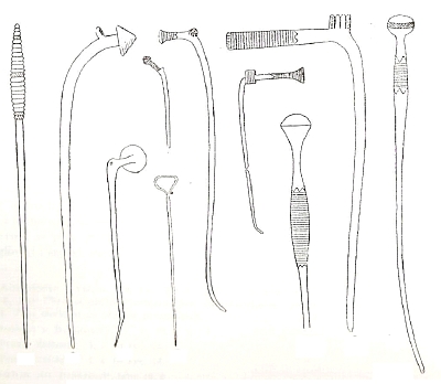 Przykłady szpil z brązu pochodzących z Kaszub (według J. Kostrzewskiego, Kultura łużycka na Pomorzu, Wrocław 1958)